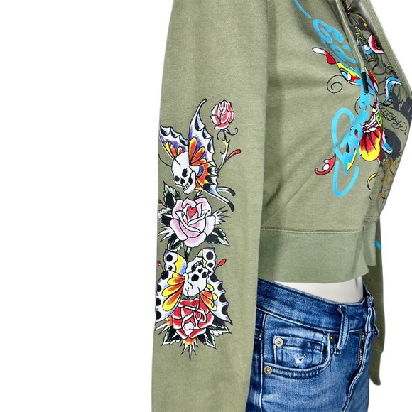 Ed Hardy Cropped Zip Hoodie - Olive Green - Size Small - Picture 5 of 7